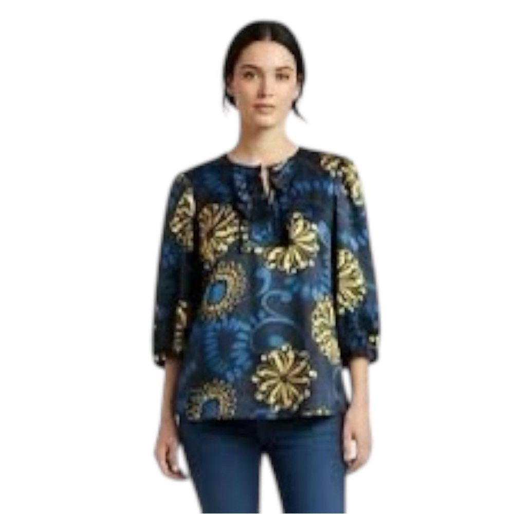 BCBGMaxAzria Blue Yellow Floral Ruffle Blouse Romantic Feminine Top